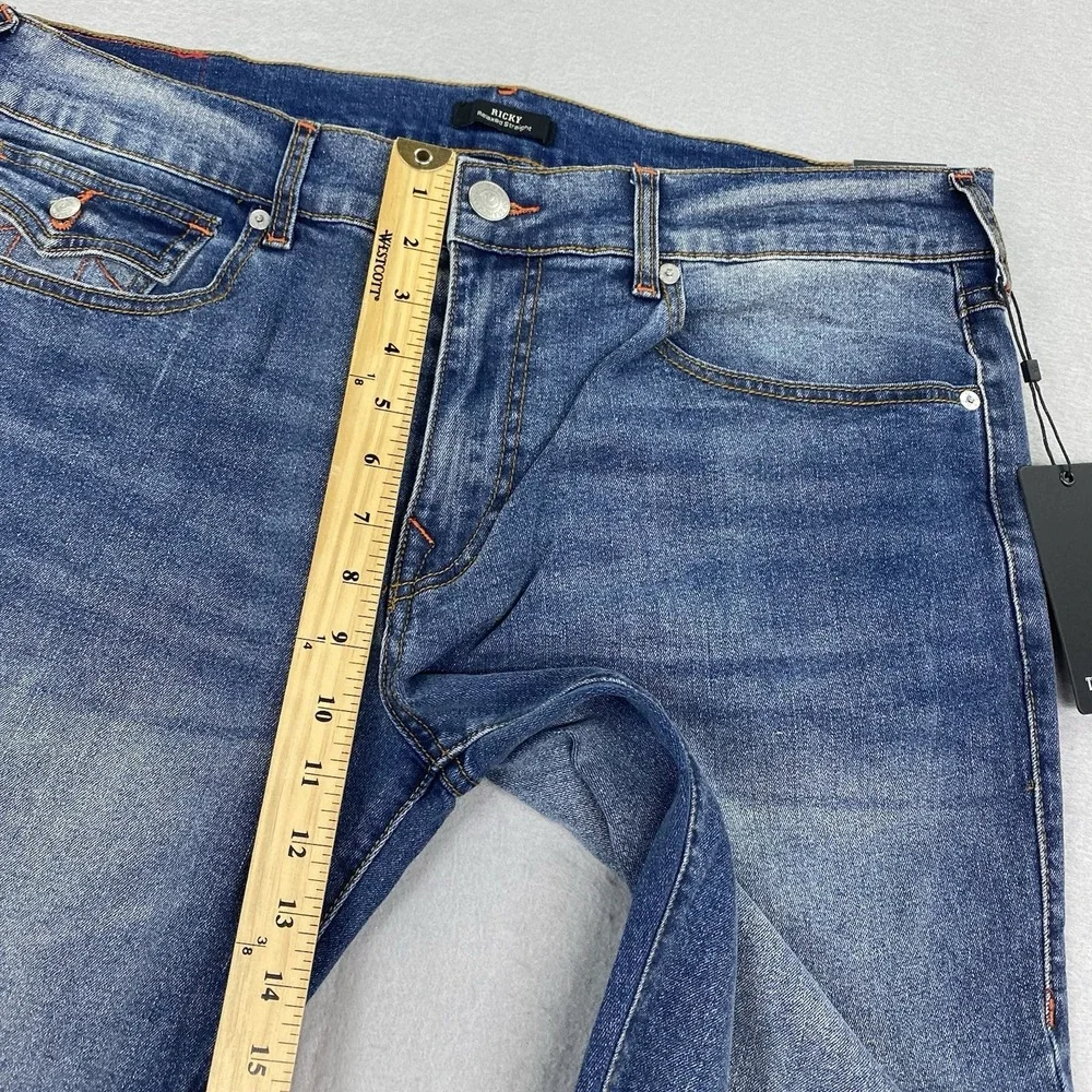 True Religion Jeans Mens 36x34 Blue Denim Pants Ricky Relaxed Straight Flap